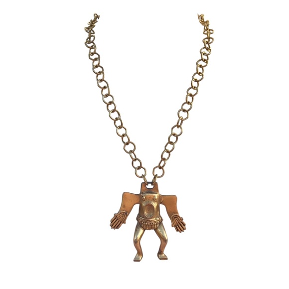 Vintage Tortolani Pendant Necklace, Gold Tone Tribal Warrior Pendant on Chain - Picture 11 of 11